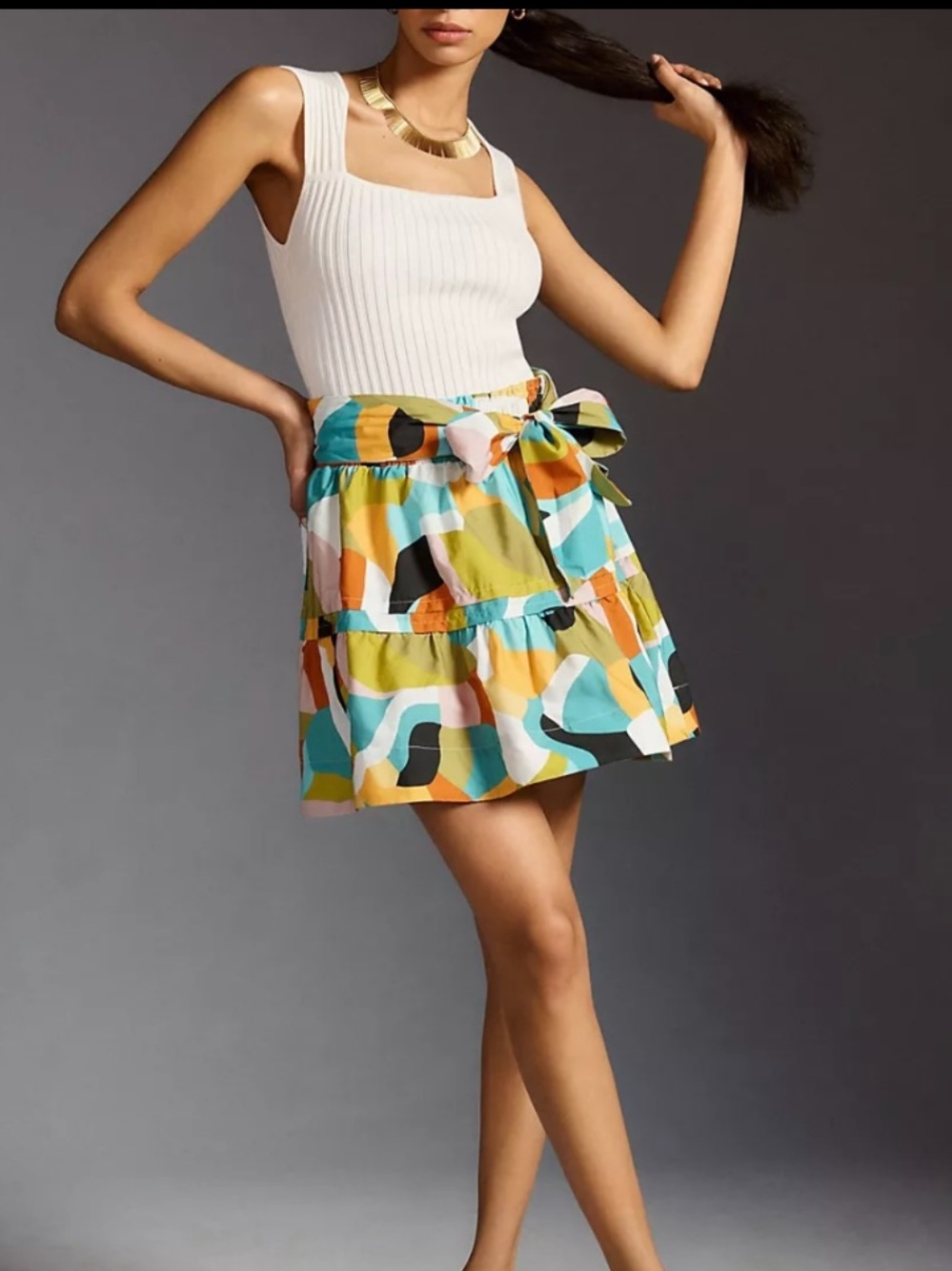 Anthropologie Somerset Multicolor Abstract Tiered Skirt with Waist Tie